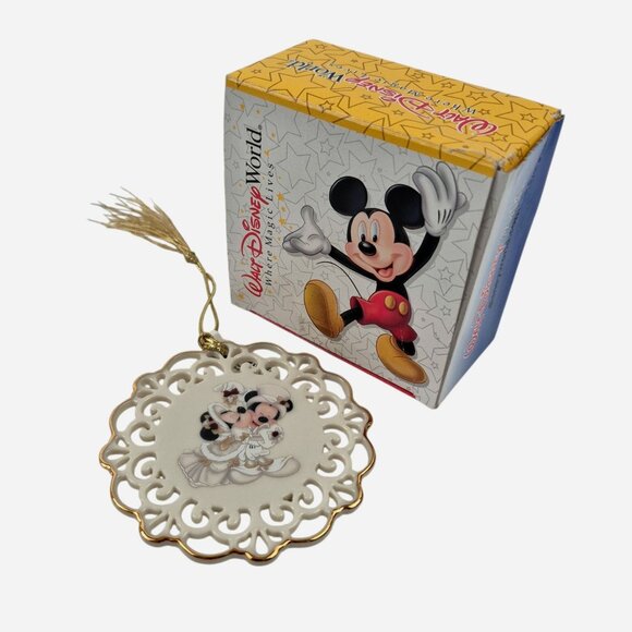Walt Disney Other - Walt Disney World Ornament A Mistletoe Kiss White Gold Trim Minnie Mickey NWT